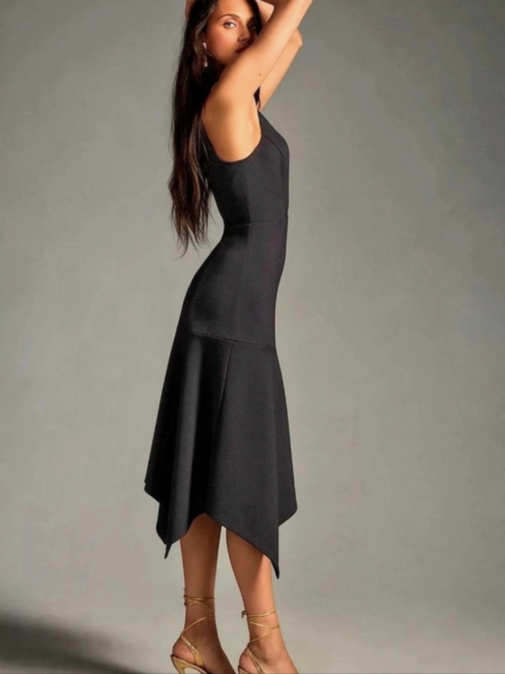NWT By Anthropologie Black Mock Neck Lace Inset Asymmetrical Midi Dress Size XS
